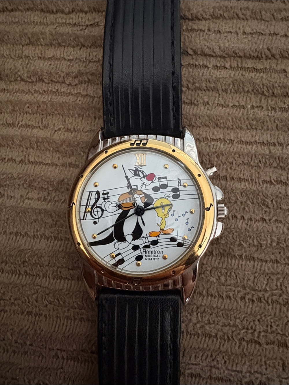 90’s Retro Looney Tunes Tweety & Sylvester
Gold-Tone Dial Black Strap Watch